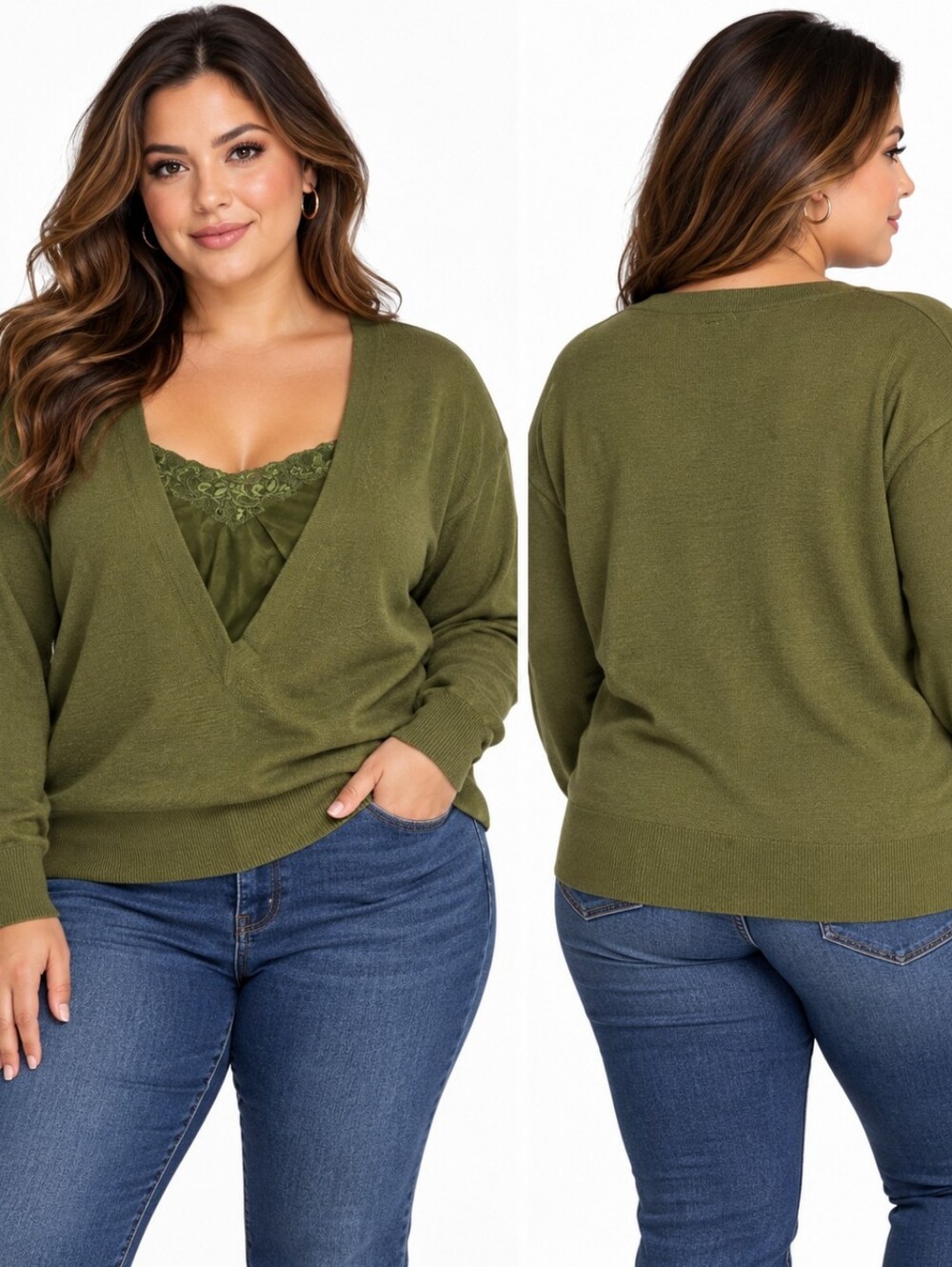 Lafayette 148 New York Olive V-Neck Knit Sweater